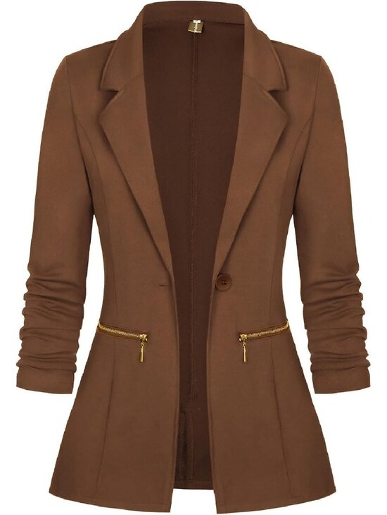 Jackets & Blazers - Women's Dark Brown Stretch Long Sleeve Single Button Gold Zipper Pockets Jacket